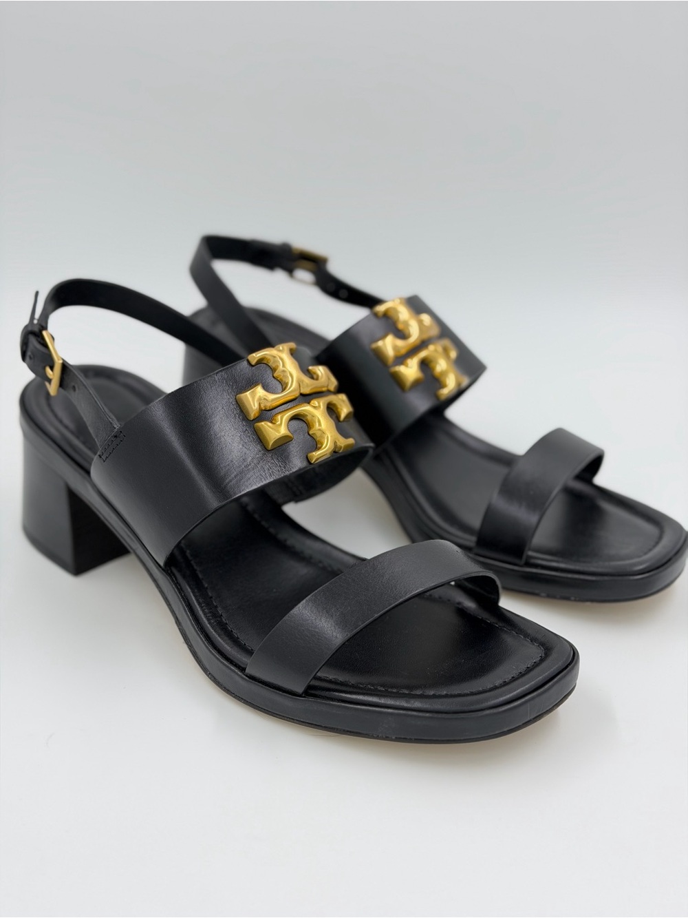 Tory Burch Eleanor 55mm Heel Sandals – Black/Gold – Size 8 – Worn Twice + Box